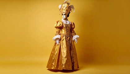 Fototapeta premium A figure in Renaissance attire—gown heavy with gold, collar flared like a halo, gaze poised in ceremonial stillness. History worn as armor, elegance as declaration.