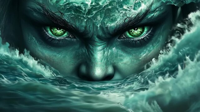 Mysterious water spirit with green eyes emerges from ocean waves, water fantasy, powerful concept.