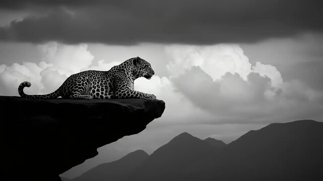 Majestic leopard on a clifftop, monochrome landscape