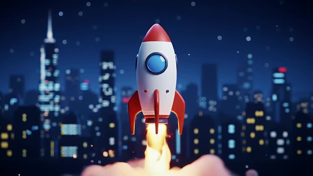 Illustration of a Rocket Launching from City Skyline at Night with Smoke and Particle Effects in White and Red Color
