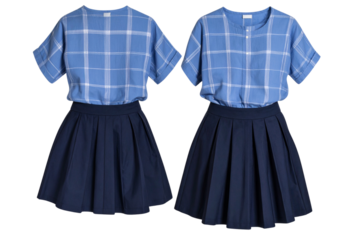 Slate Blue and Chalk Checked Twinset with Drop-Shoulder Shirt and Curved Hem Mini Skirt, Transparent Background