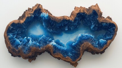 Fototapeta premium Abstract sculpted wood, resin-filled cavity. Deep blue water within a natural wood form