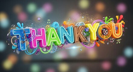 Colorful 3D-rendered "Thank You" message with vibrant typography and abstract bokeh background.