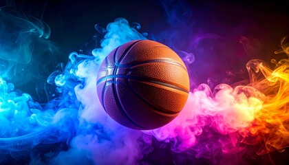 A basketball suspended in a cloud of vibrant smoke—motion paused, energy diffused. A ritual of impact and aftermath.