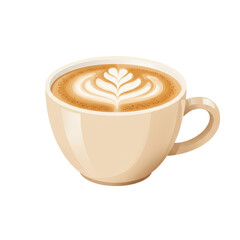 A beautifully crafted latte art in a cream-colored cup on a wooden table