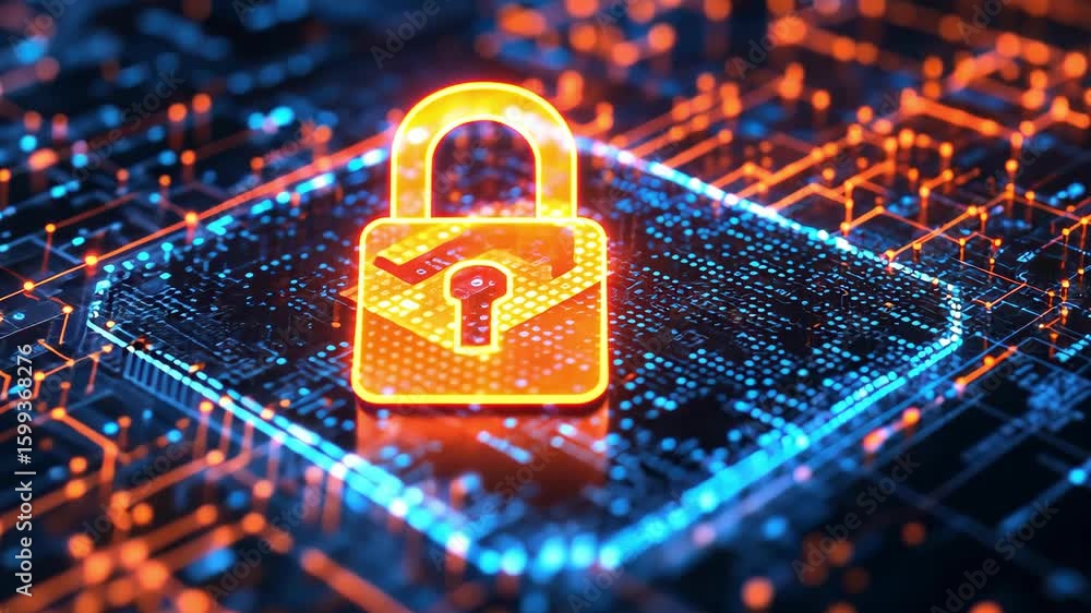 Poster unlocked padlock security on circuit board, representing network security and cybersecurity.