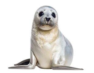 A young harp seal pup sitting upright on a transparent background isolated on transparent background