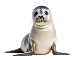 Young seal pup sitting and looking forward isolated on transparent background