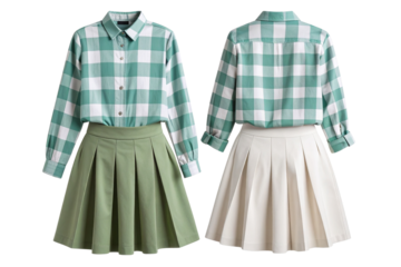 Cool Mint Checked Short-Sleeve Shirt and Mini Pleated Skirt Twinset in Poplin, Transparent Background