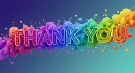 Colorful "Thank You" text with vibrant, swirling rainbow-colored smoke-like background.