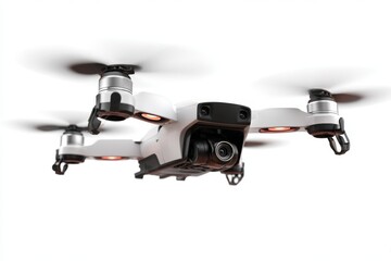 White quad-copter drone in flight capturing aerial images with rotating propellers