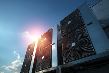 Industrial HVAC units against a vibrant sky