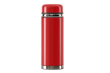 A red thermos sits on a white background