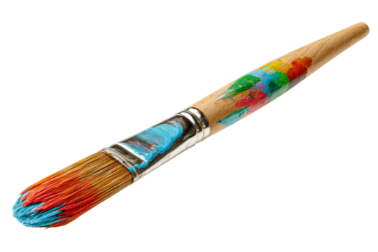 A paintbrush with a wooden handle and a blue, red, and yellow stripe