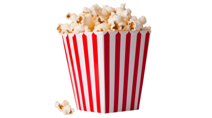 Popcorn spills from red and white striped container, evoking movie nights and snacking