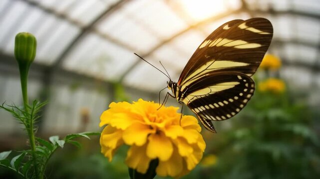 Zebra longwing butterfly on a bright yellow flower in sunny greenhouse. Beauty in nature.