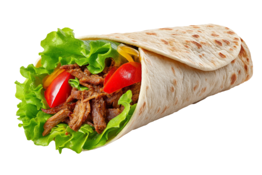 A wrap of meat and vegetables is on a white background