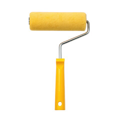 Fototapeta premium Bright yellow paint roller tool with metal handle isolated on transparent background