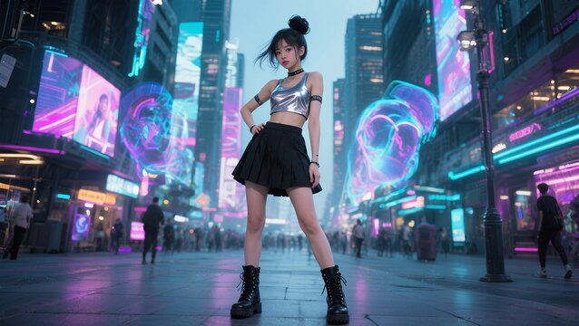 Stylish Woman Posing in Neon Lit Cyberpunk City Street - Powered by Adobe