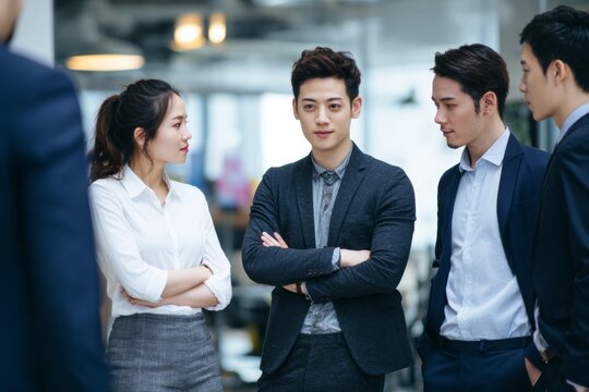 Young asian professionals engaging in a collaborative discussion in a modern office space
