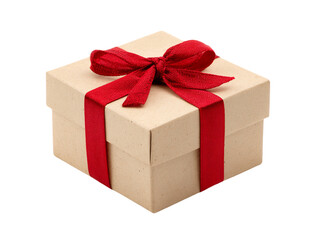 Obraz premium Beige Gift Box with Red Ribbon and Bow, PNG