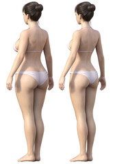 ダイエット ビフォーアフター 太った女性と痩せた女性の全身斜め後ろ姿の比較 3Dイラスト