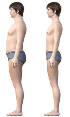 ダイエット ビフォーアフター 太った男性と痩せた男性の全身横向きの比較 3Dイラスト