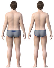 ダイエット ビフォーアフター 太った男性と痩せた男性の全身後ろ姿の比較 3Dイラスト