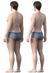 ダイエット ビフォーアフター 太った男性と痩せた男性の全身斜め後ろ姿の比較 3Dイラスト