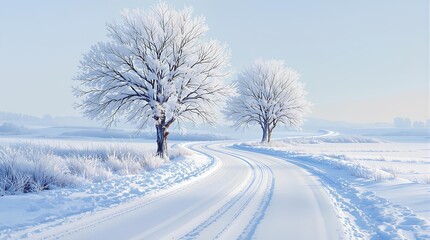 Obraz premium A snowy road winding through a winter landscape with trees covered in frost and a pale blue sky above