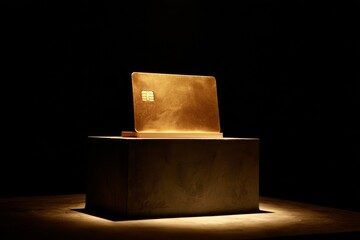 Luxurious golden credit card displayed dramatically on a pedestal in low light setting