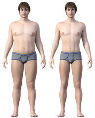 ダイエット ビフォーアフター 太った男性と痩せた男性の全身正面の比較 3Dイラスト