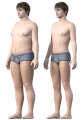 ダイエット ビフォーアフター 太った男性と痩せた男性の全身正面 斜め前向きの比較 3Dイラスト