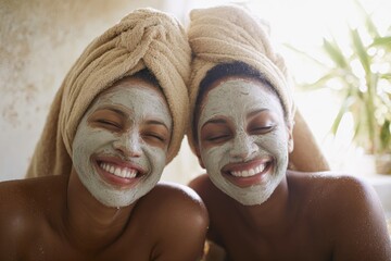 Smiling african women enjoying spa day with face masks and towels wrapped on heads