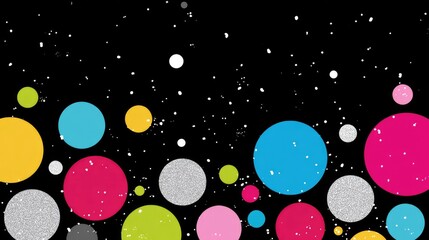 Colorful circles on a black background with glitter texture.