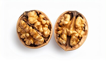 Fototapeta premium Three walnuts pause on a neutral surface—two sealed in silence, one cracked to reveal its brain-shaped heart. A portrait of intimacy and the slow emergence of insight.