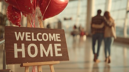 Welcome Home Sign and Heart Balloons at Airport for Reunion, Love, and Homecoming Celebration