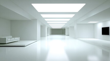 Empty white hallway with a couch and a flat screen.