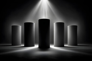 Five cylindrical objects under dramatic studio lighting in black and white