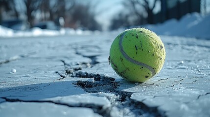 Solitary Tennis Ball on a Cracked Winter Street