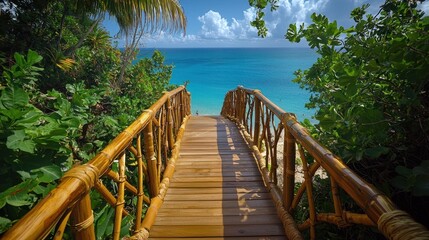 Fototapeta premium Tropical wooden walkway leading to turquoise ocean. Lush greenery surrounds the path