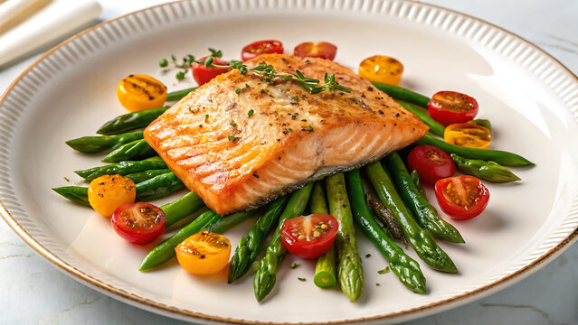 Delicious pan seared salmon with asparagus and cherry tomatoes