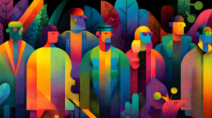 Colorful people group in geometric flat illustration style,