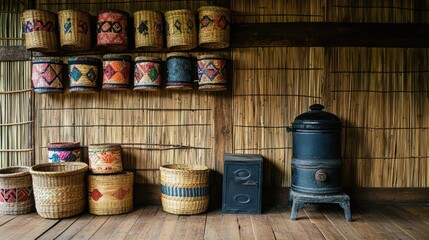 Traditional  bamboo hut interior with storage baskets