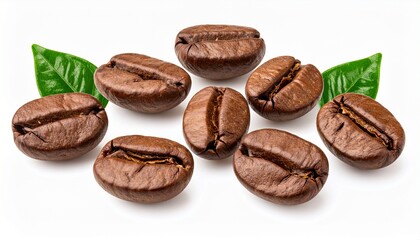 Obraz premium Eight coffee beans, earthy and imperfect, surround a single green leaf in quiet disarray. The contrast is intimate: dry matter versus chlorophyll, roasted history versus photosynthetic promise. It’s a