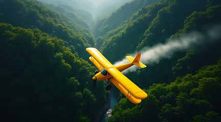 Yellow biplane flying through a lush green forest valley