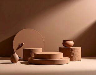 Minimalist terracotta product display with geometric shapes and pottery in warm, neutral tones.