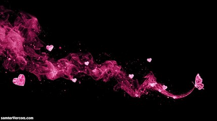 Pink hearts and butterfly swirling in smoke on a black background.