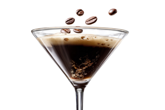 A martini glass filled with a dark liquid and coffee beans floating in it