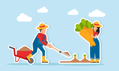Male farmer planting while female farmer harvesting illustration of teamwork improving the efficiency of agricultural land management
